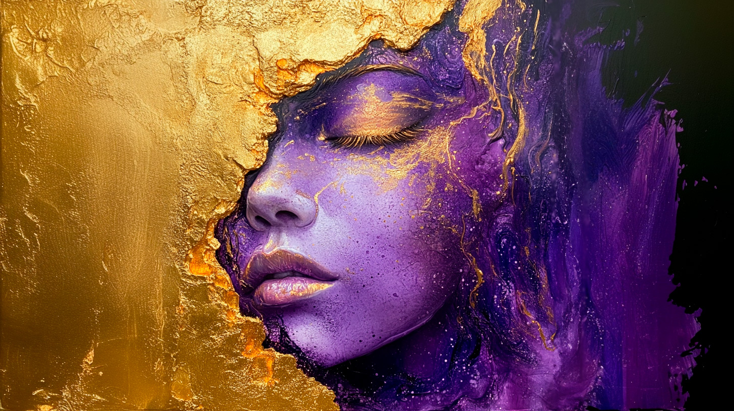 Representação artística de força e liderança: o rosto de uma mulher em tons de roxo e dourado, simbolizando empoderamento e reconhecimento, celebrando a liderança de Sofia Gancedo no setor de fintech.